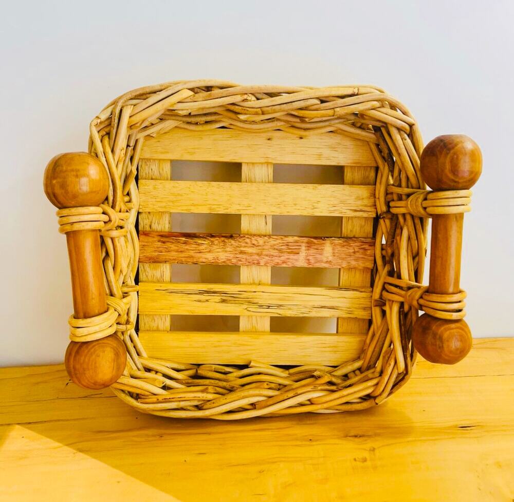 Vtg Handwoven Wicker Bamboo Slat Basket Turned Wood Handles Fruit Centerpiece